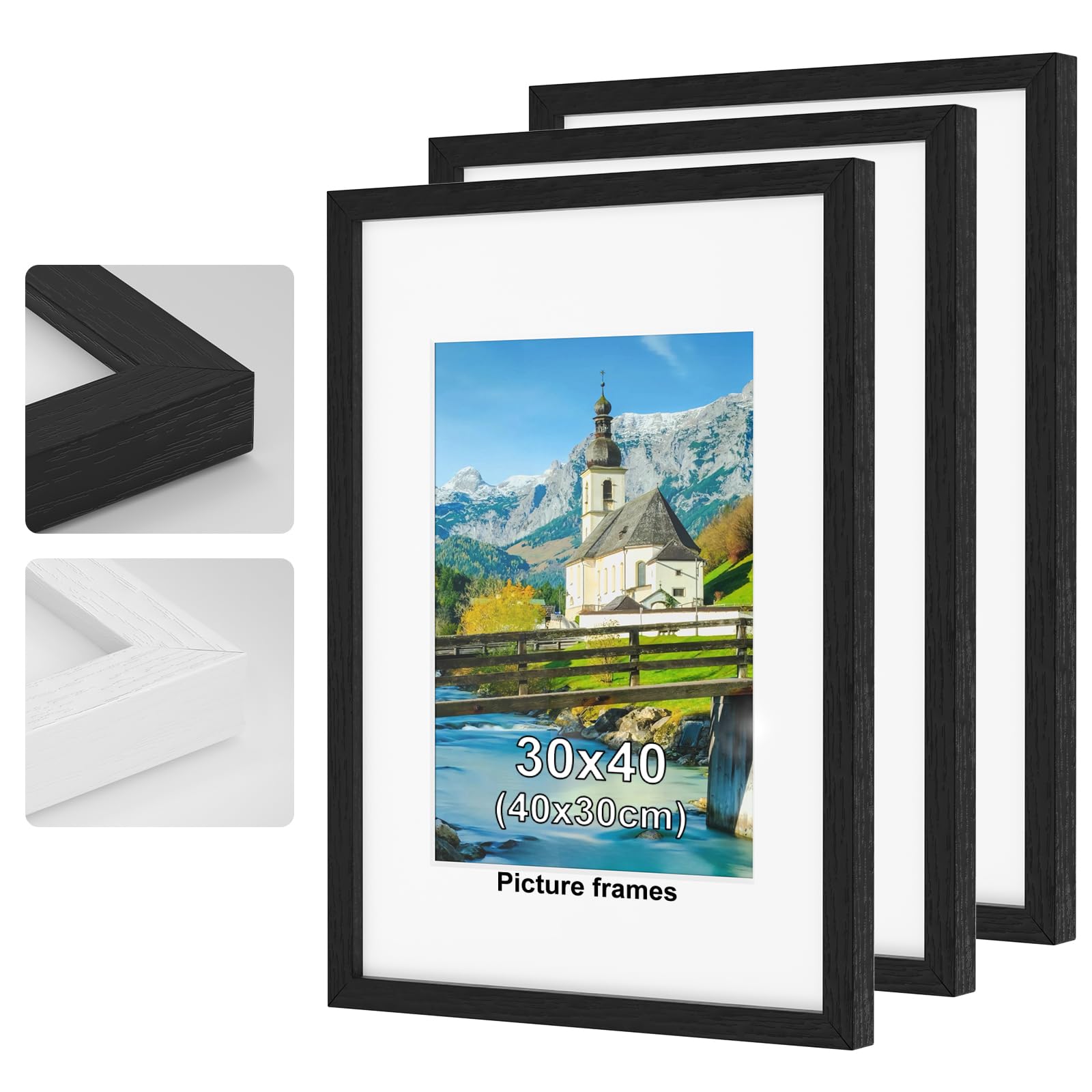 3Pack 30 x 40cm Picture Frame, Black Wooden Picture Frames, A4 Mat Photo Frame with Perspex Glass