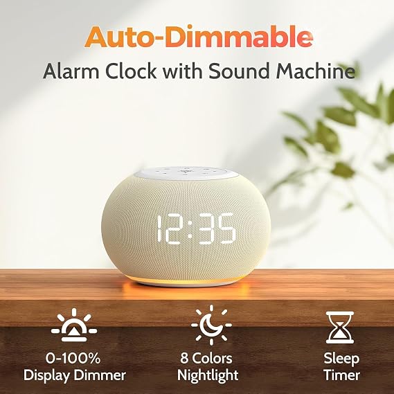 REACHER Auto Dimmable Sound Machine Alarm Clock with Night Light for Girls | 20 soothing sounds, sleep timer, precise volume, soft night lights, auto-dimming display, cute white noise soother for kids