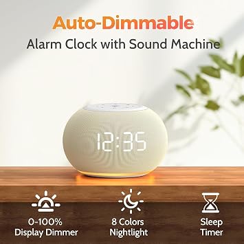 REACHER Auto Dimmable Sound Machine Alarm Clock with Night Light for Girls | 20 soothing sounds, sleep timer, precise volume, soft night lights, auto-dimming display, cute white noise soother for kids