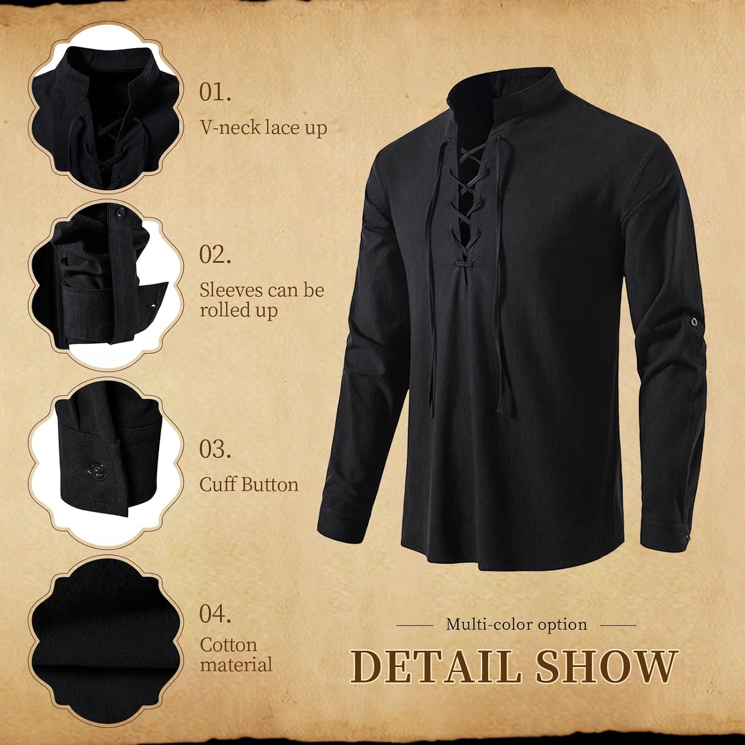 AOTORR Men's Long Sleeve Shirts Retro Style Lace up Medieval Hippie Viking Cosplay Pirate Top Renaissance Costume - Image 4