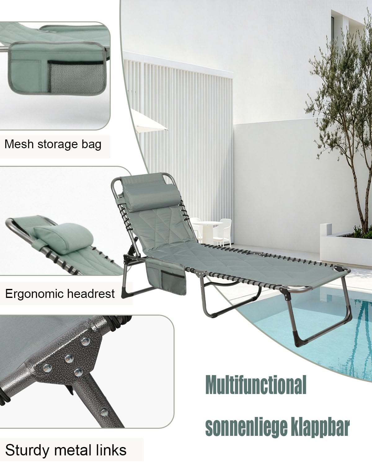 Sonnenliege klappbar 150 kg, 5-Fach verstellbare Rückenlehne Grün | Gartenliege klappbar & Sonnenliege für Garten & Camping, wetterfest, Belastbarkeit, ergonomische Kopfstütze, Seitentasche