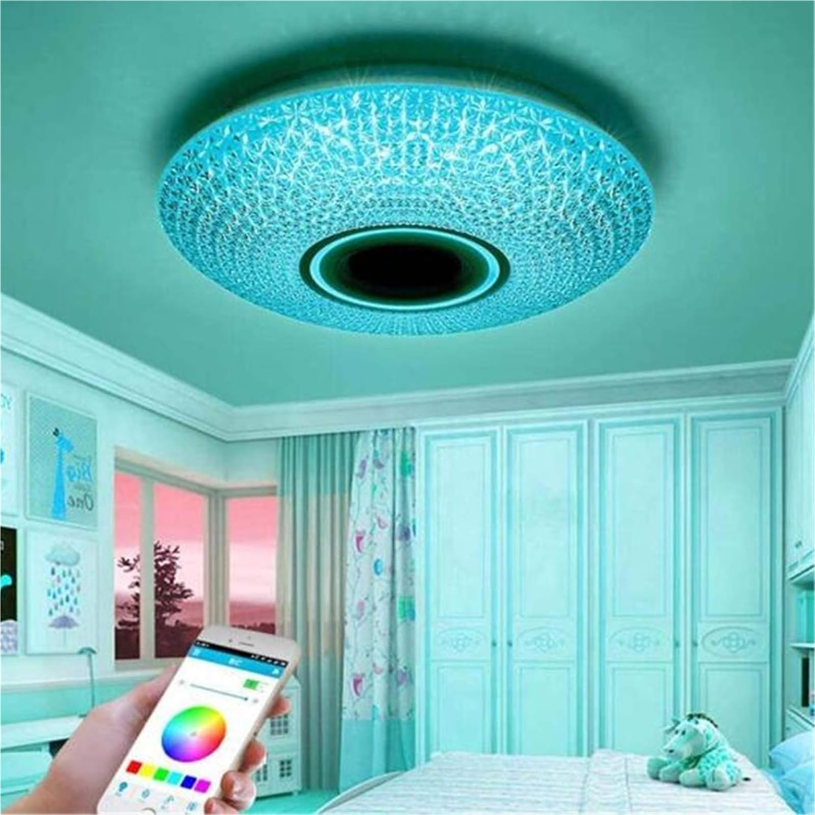 Kryształowa lampa sufitowa LED z pilotem zdalnego sterowania i aplikacją, nowoczesna lampa sufitowa RGB z 3 głośnikami Bluetooth, sypialnia, salon, łazienka, wodoodporny klosz z gwiaździstym niebem