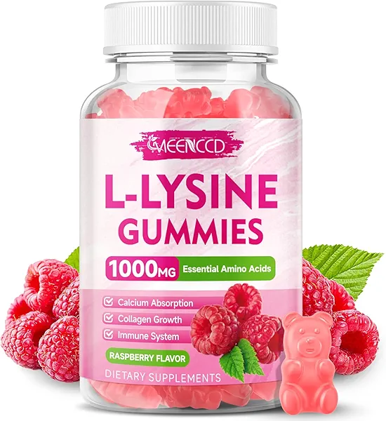 MEENCCD L-Lysine 1000mg Gummies, Lysine Supplement for Adults & Kids, Essential Amino Acid Supplement for Lips & Oral Health, Boost Immune & Collagen & Calcium, Sugar-Free, Raspberry Flavor, 60 Count
