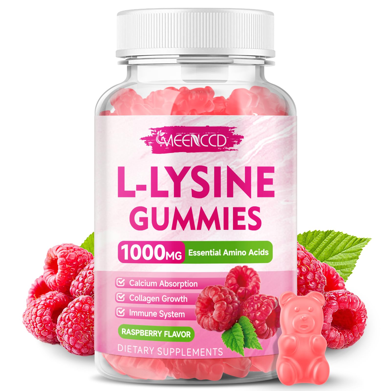 MEENCCD L-Lysine 1000mg Gummies, Lysine Supplement for Adults & Kids, Essential Amino Acid Supplement Supports Collagen Formation, Sugar-Free, Raspberry Flavor, 60 Count 60 Count (Pack of 1)