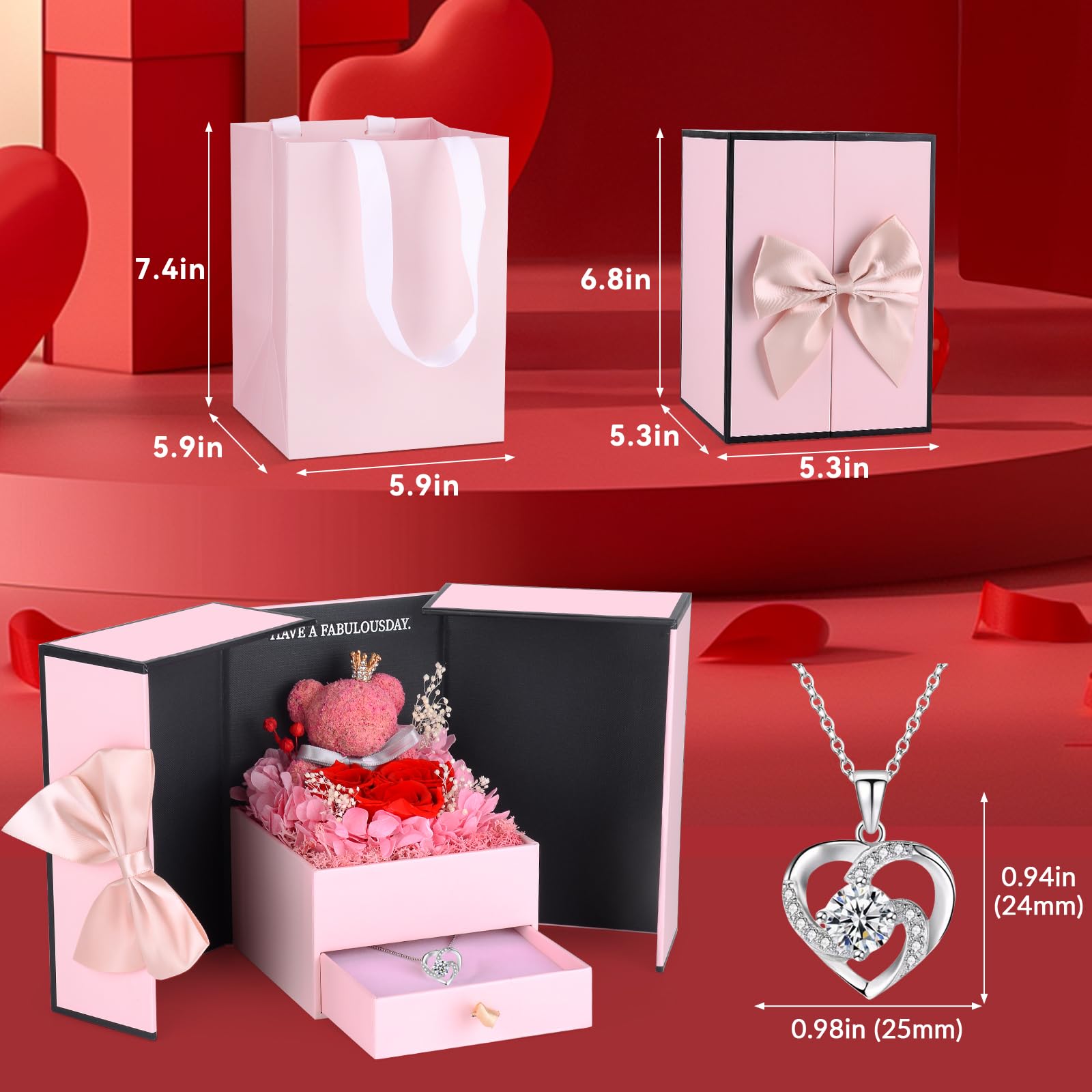 Rosa Eterna con Oso de Musgo,Rosa Eterna Natural Preservada con Collar Regalos Originales para Mujer Mama Novia Caja Regalo San Valentin,Dia de la Madre,Aniversario,Cumpleaños,Navidad