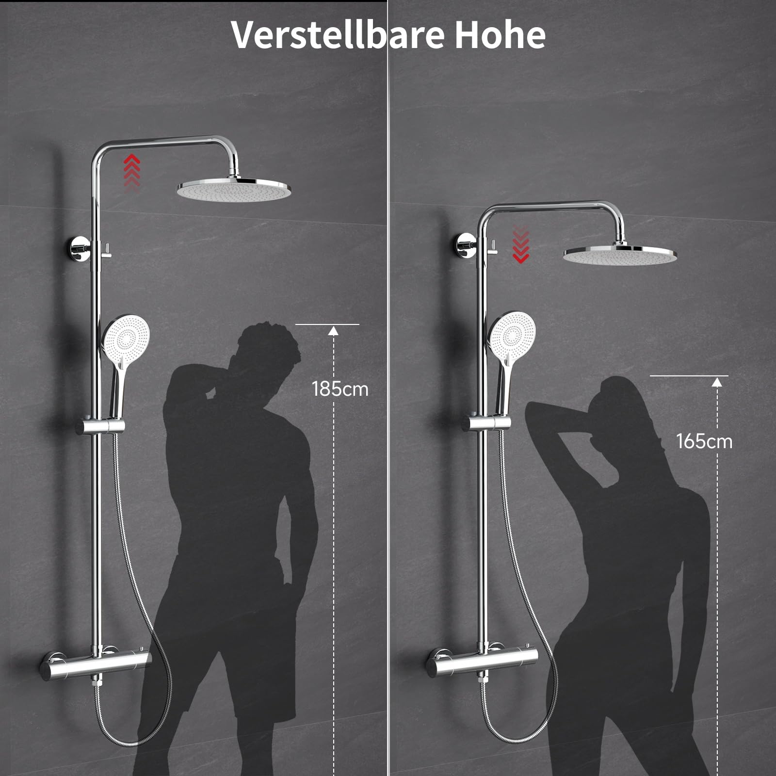 Rainsworth Duschsystem mit Thermostat Chrom, Duscharmatur Komplettset mit 25cm Rund Regendusche Duschkopf, 3 Strahlarten Duschkopf, 92-126 cm Höhenverstellbar, Regendusche mit Armatur, Duschset