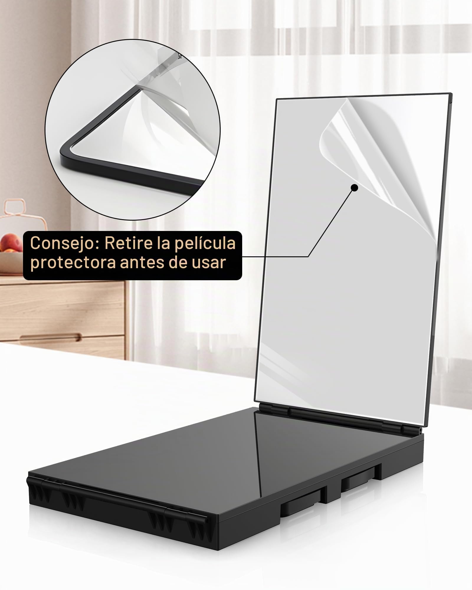 JUSRON Espejo Plegable de 360 Grados, Espejo de 3 Piezas, Corte automático, Altura Ajustable con Gancho Espejo cosmético con Efecto-Negro Mate