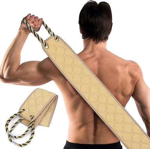 Exfoliante de espalda con asas, toalla exfoliante de espalda de doble cara de 38.5 pulgadas, toalla exfoliante corporal, herramienta de baño