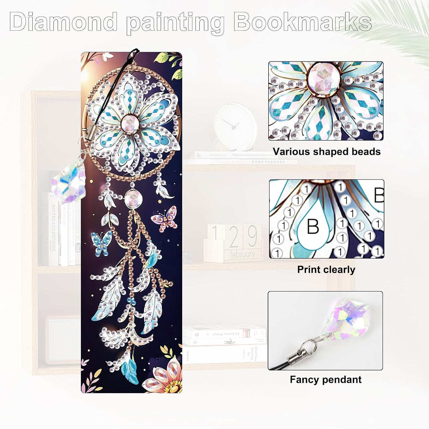 4 Pack Diamond Painting Bookmarks for Adults, 5D DIY Diamond Art Bookmark Kit with Tassels, Rhinestone Craft Supplies for Reading Lovers, Dreamcatcher & Butterfly Designs image 4