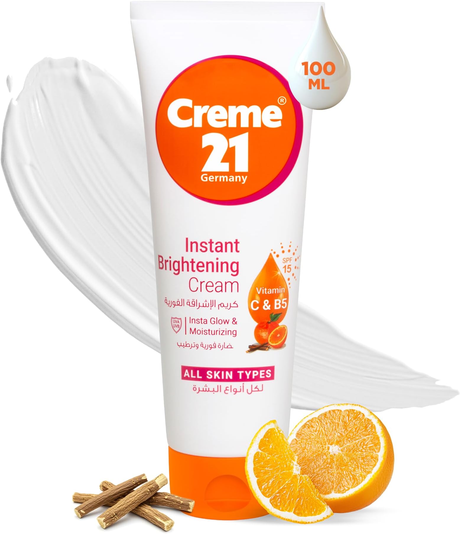 Creme 21 Instant Brightening Cream - 100ml | Face Moisturizer with Vitamin C & Pro-B5 | Instant Glow from Day 1 | Evens Tone & Fades Dark Spots with SPF 15 Daily Protection | Born in Germany