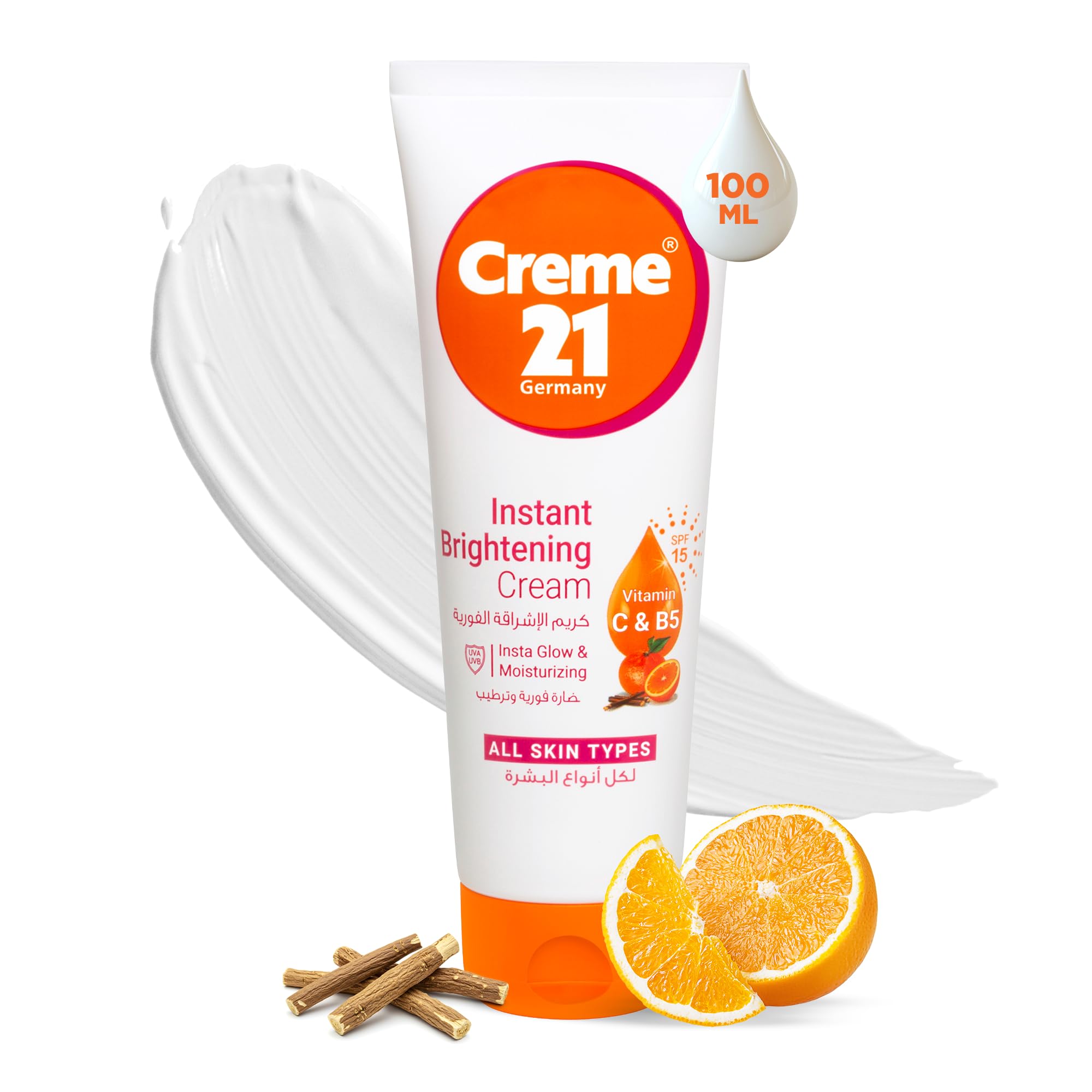 Creme 21 Instant Brightening Cream - 100ml | Face Moisturizer with Vitamin C & Pro-B5 | Instant Glow from Day 1 | Evens Tone & Fades Dark Spots with SPF 15 Daily Protection | Born in Germany