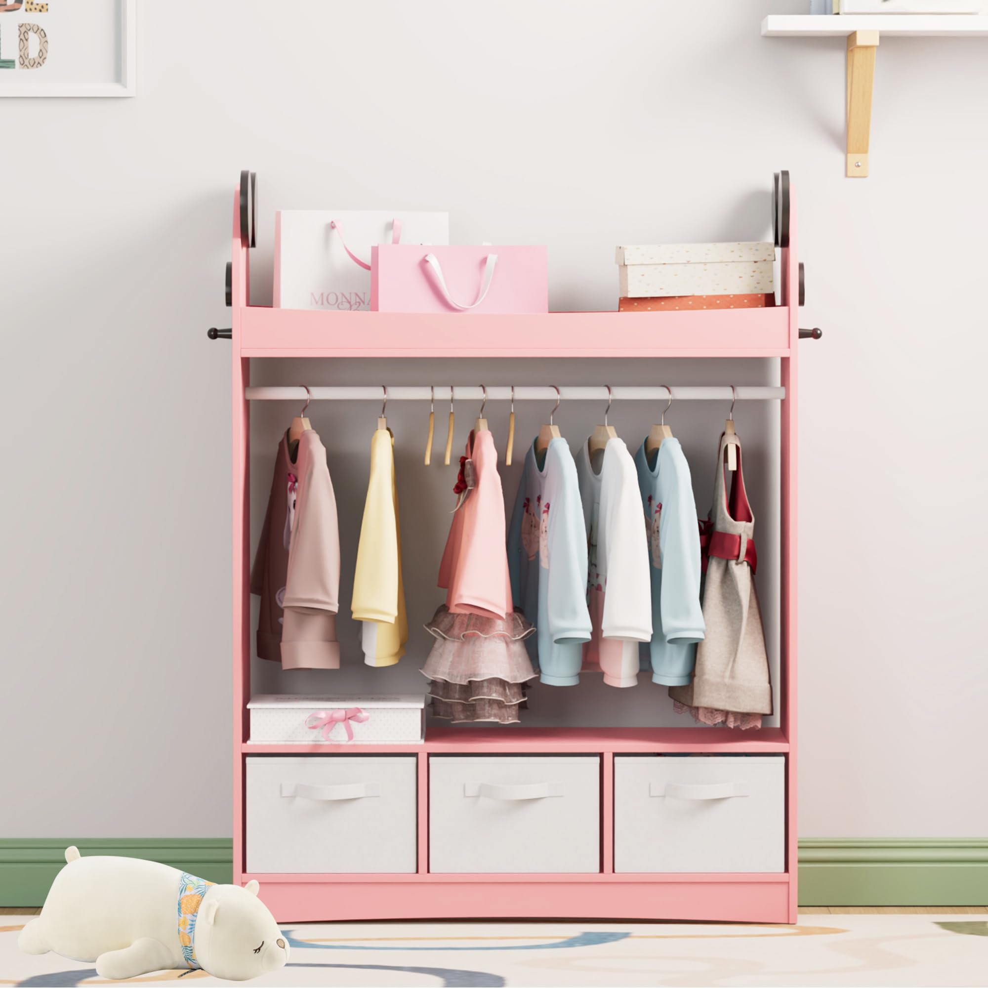 NACHES Kinder Kleiderschrank Kinderkleiderständer mit Boxen, Kleiderstange, Spiegel und Ablagen, Kindergarderobe aus Holz, Kinderregal 81 x 28 x 106,5 cm (Rosa, Panda mit 3 Schubladen)