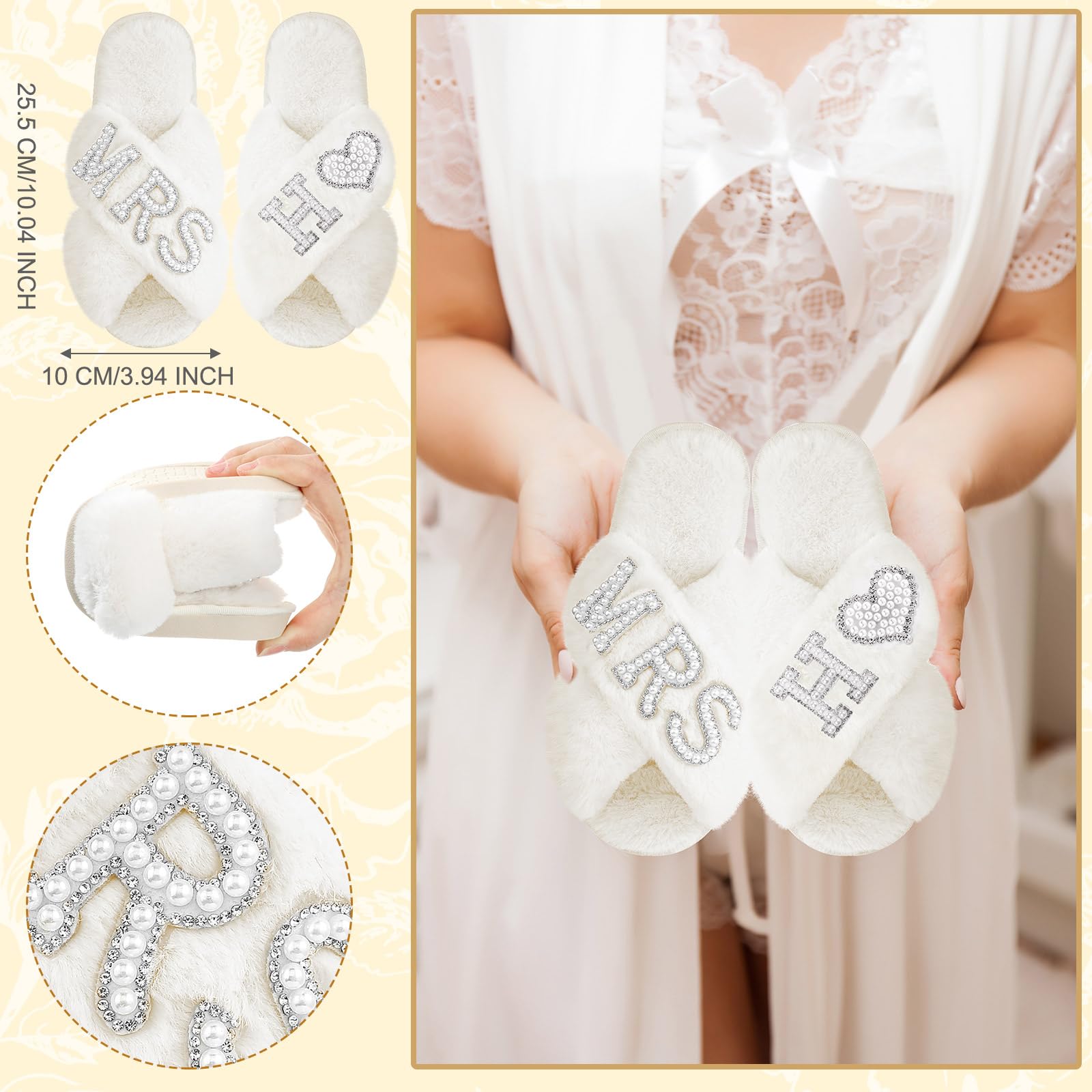 Xtinmee Personalisierte Hochzeits-Braut-Hausschuhe, MRS, Perlen-Brief, Make-up-Tasche, Brautparty, Geschenke für Hochzeitstag