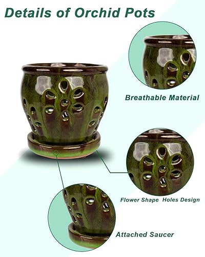Miniatura 9 de vensovo Macetas de cerámica para orquídeas de 5 pulgadas con agujeros y platillos, 1 maceta pequeña de orquídea de cerámica para trasplantar,