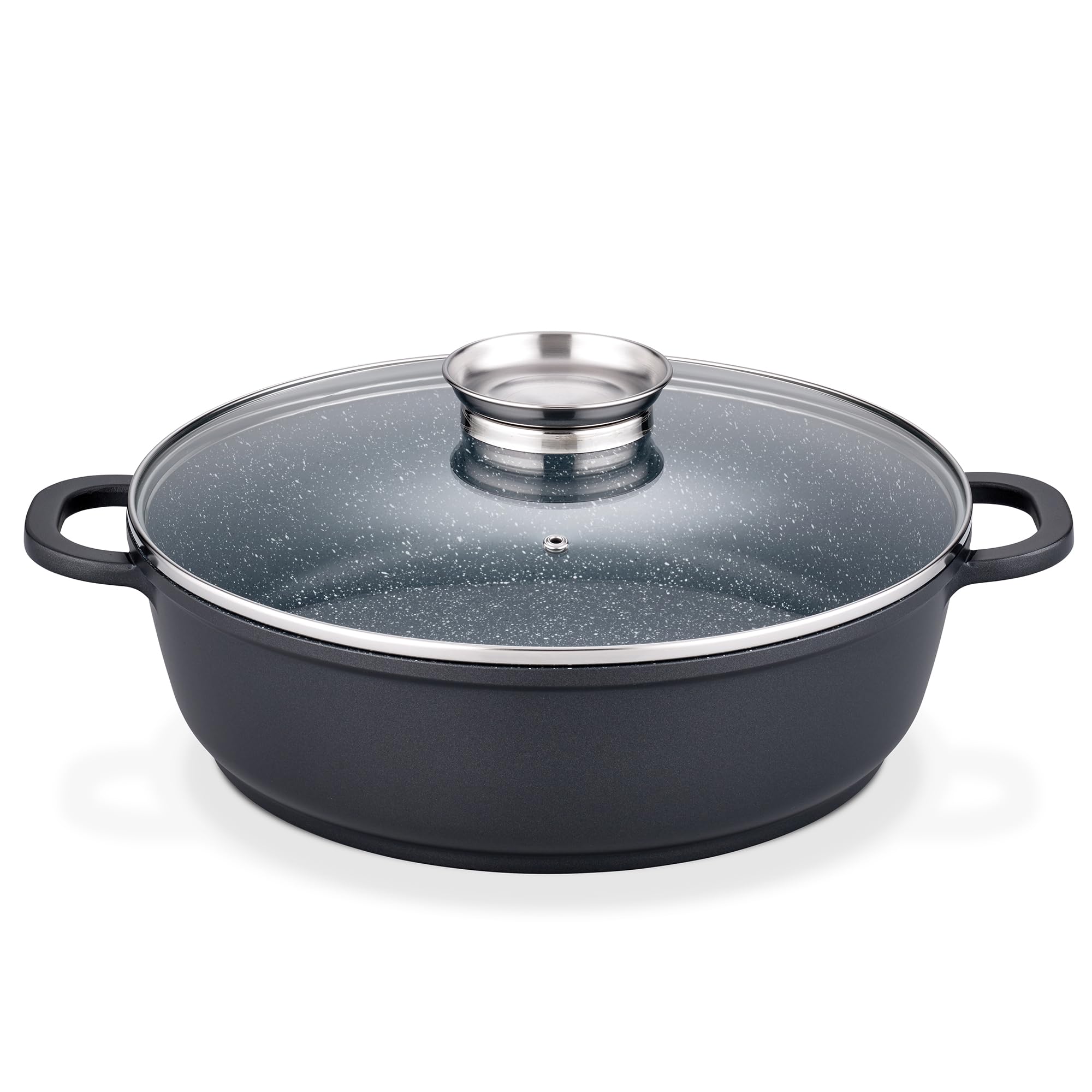 GSW Gourmet Servierpfanne aus Granit mit Aroma Glasdeckel, Pfanne Induktion mit kratzfester Antihaftbeschichtung, Bräter mit Deckel, Bratpfanne 32 cm, Schwarz