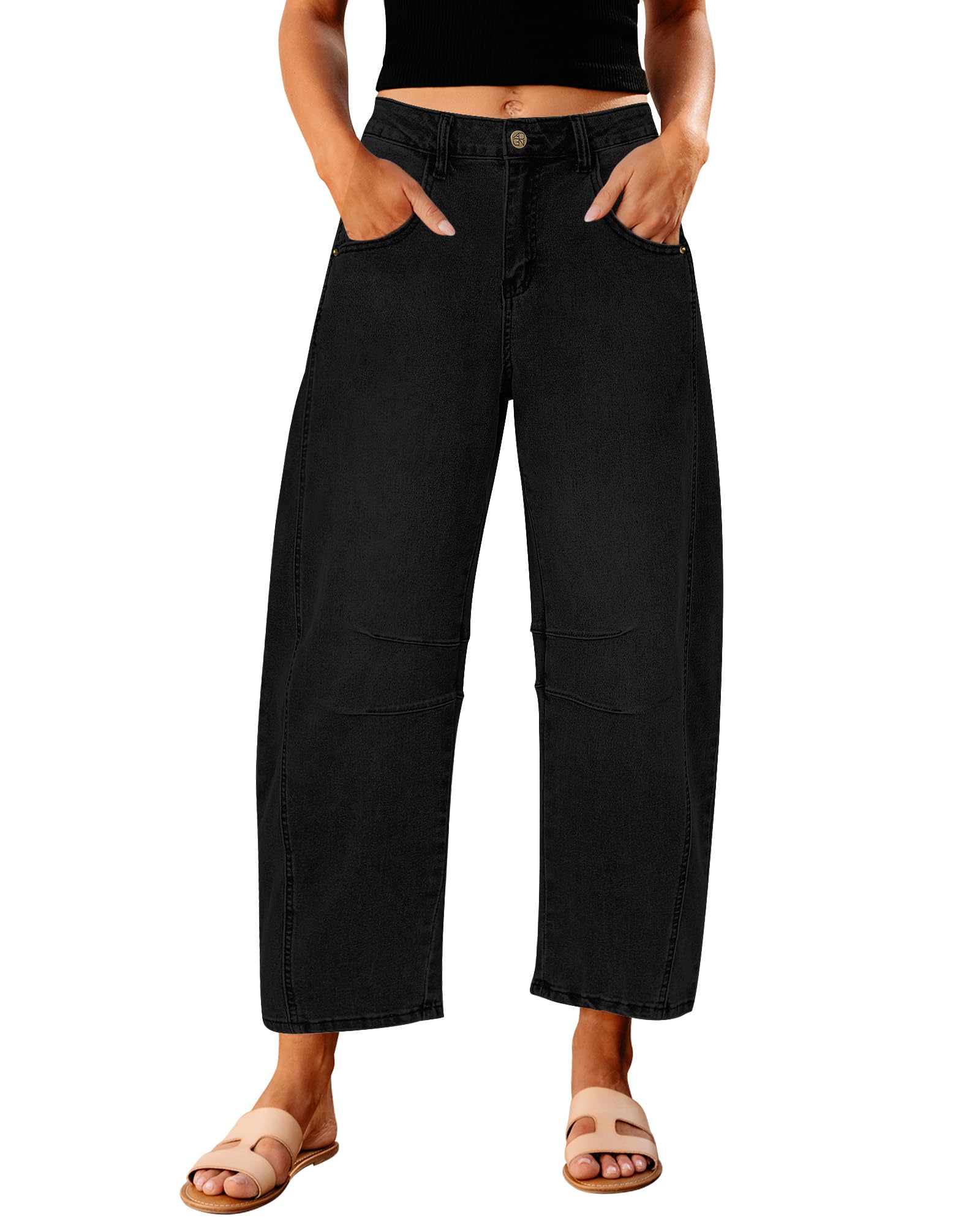 GRAPENT Barrel Jeans for Women High Waist Baggy Cropped Stretch Denim Pants | Barrel Leg Cut, High Rise, 26'' Inseam, Seam Details, Trendy Crop Jeans, Relaxed Fit, For Daily Wear, Dressy Casual Outfit
