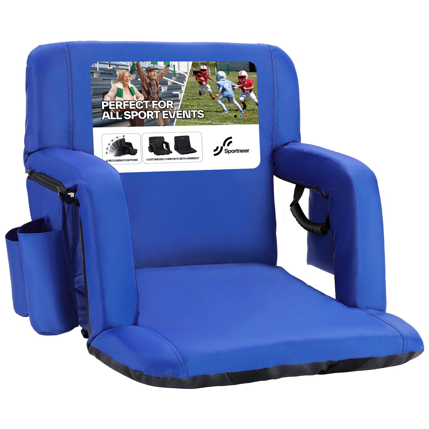 Sportneer Stadium Seats with Back Support: 2.5'' Thick Comfy Cushion 6 Adjustable Angle Bleacher Seat with Armrest - 2 Large Pockets, 2 Cup Holders