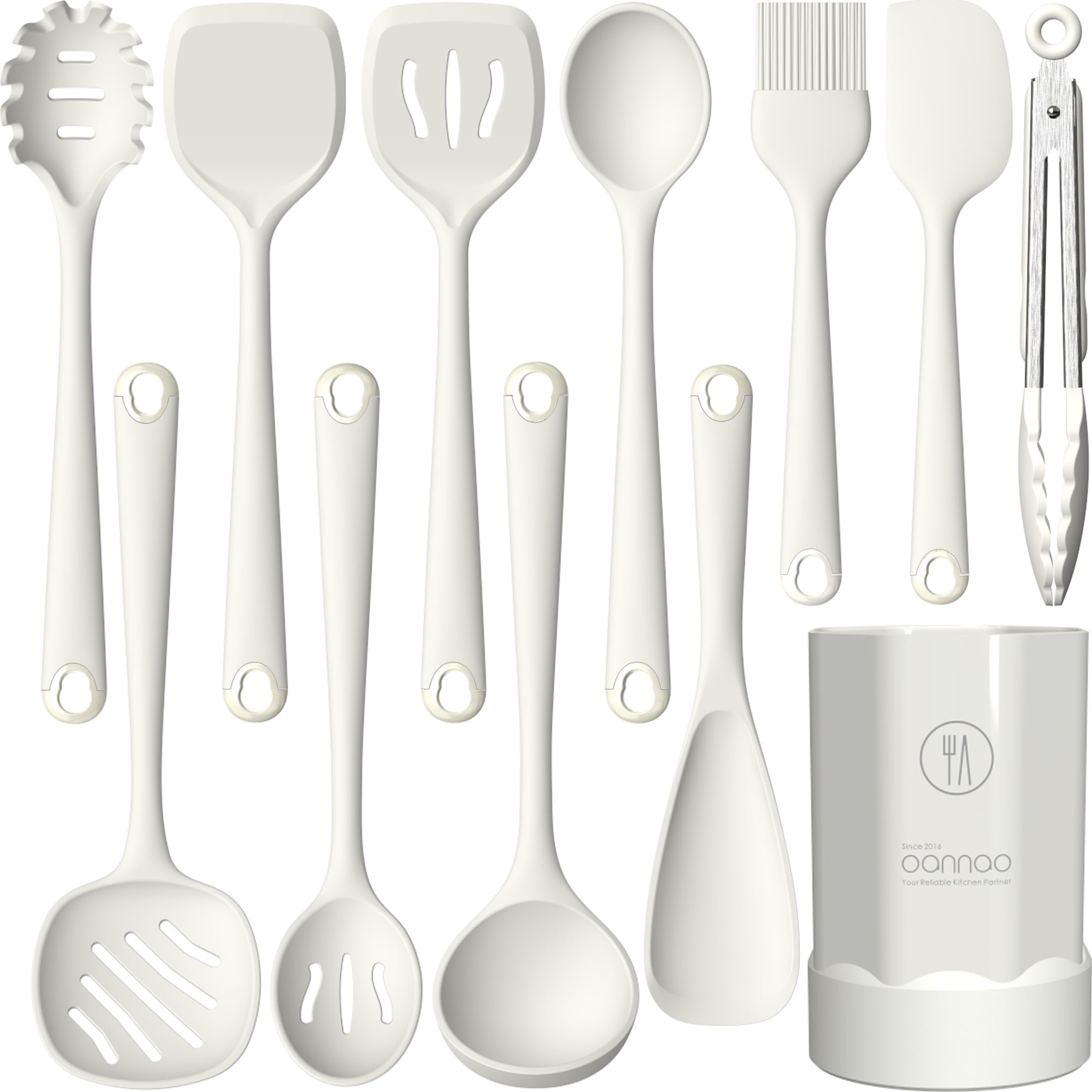 Set di utensili da cucina in silicone, resistenti al calore, spatola, cucchiaio, frusta, pinze, utensili da cucina per pentole antiaderenti, lavabili in lavastoviglie, senza BPA (bianco crema)