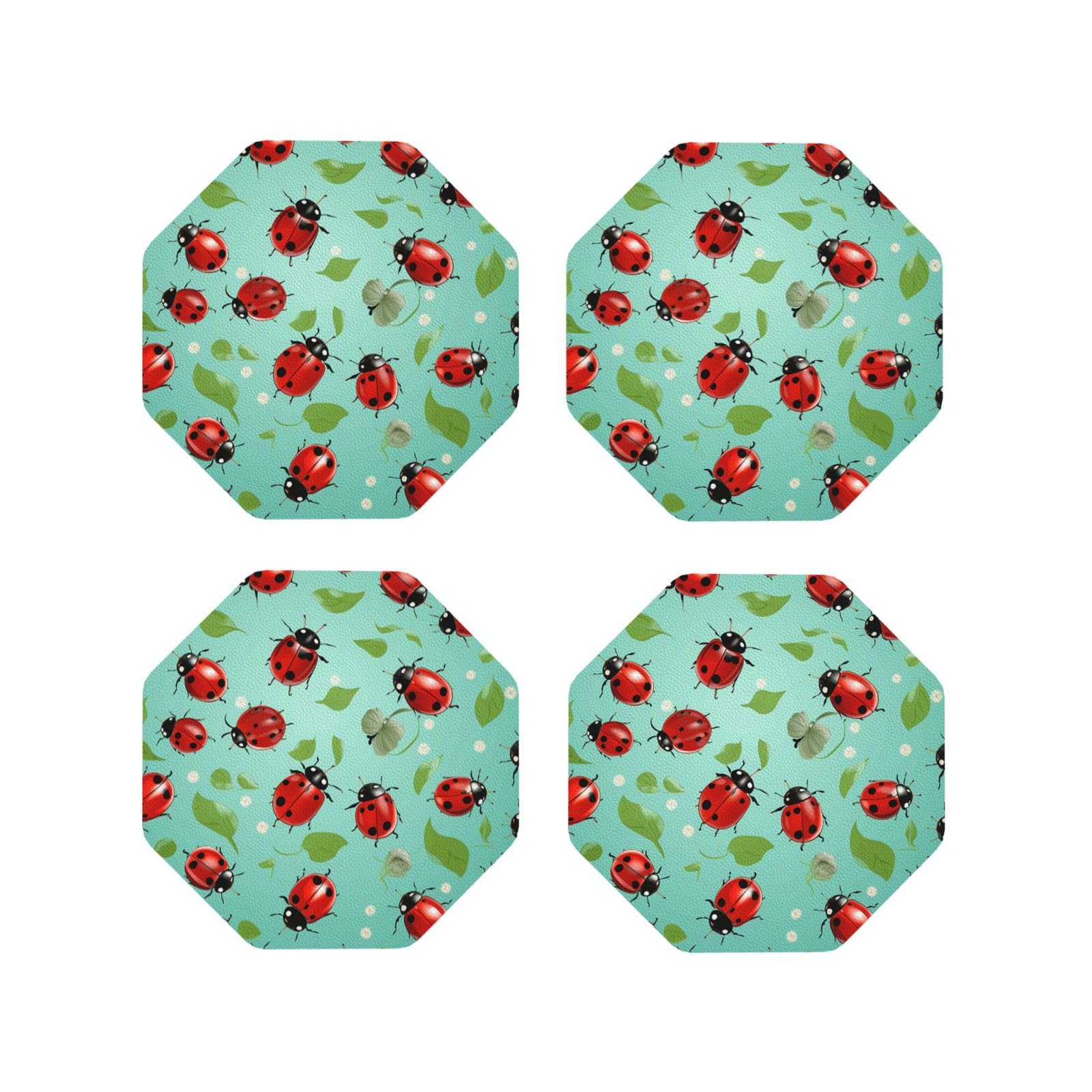 4Pcs PU Leather Coaster for Drinks, Red Ladybugs Cup Coastersr 4" Cup Mat Pad, Aesthetic Drink Coasters for Coffee Table, Octagon Coaster for Tabletop Protection
