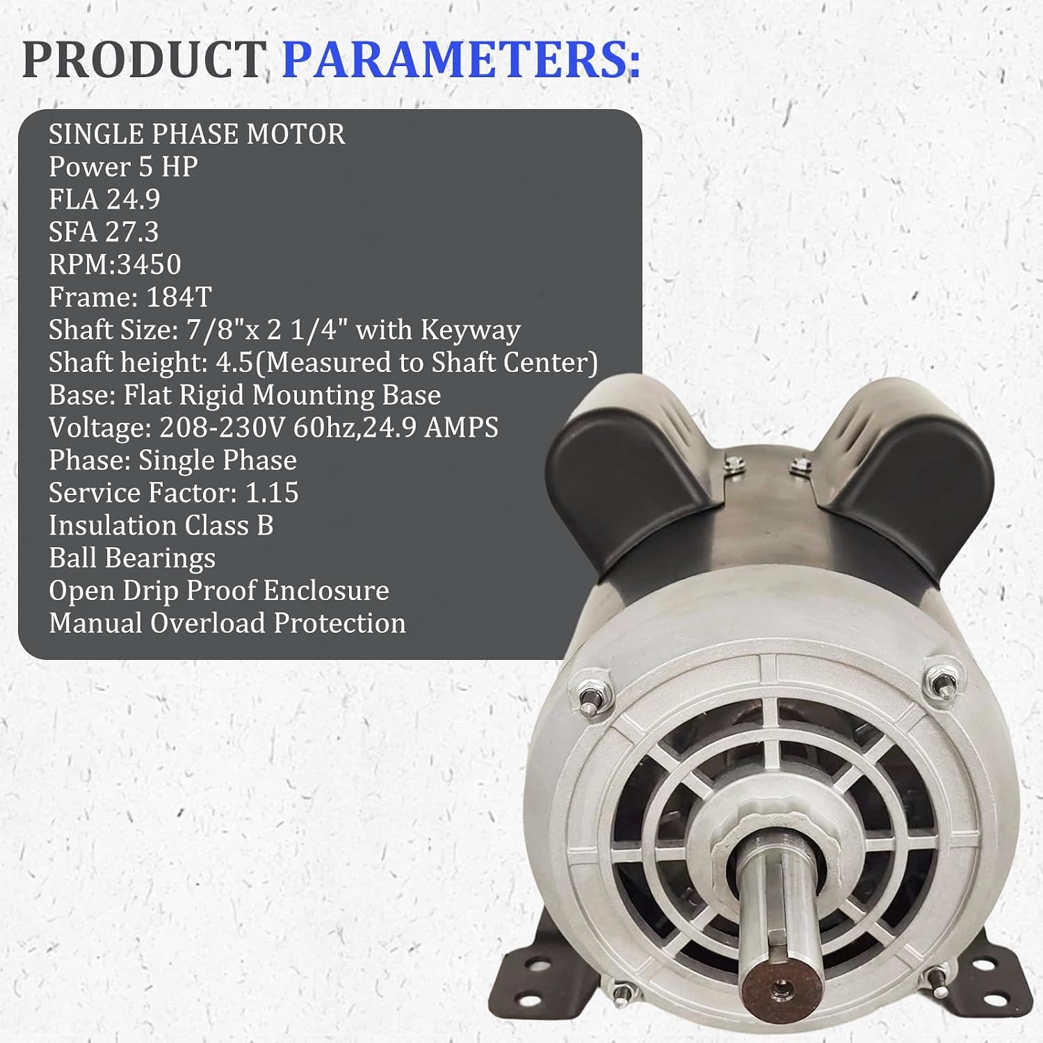 23378805 5HP Air Compressor Motor Single Phase 208-230V | 60Hz fit for Ingersoll Rand 184T Frame Open Drip Proof Enclosure 3450 RPM