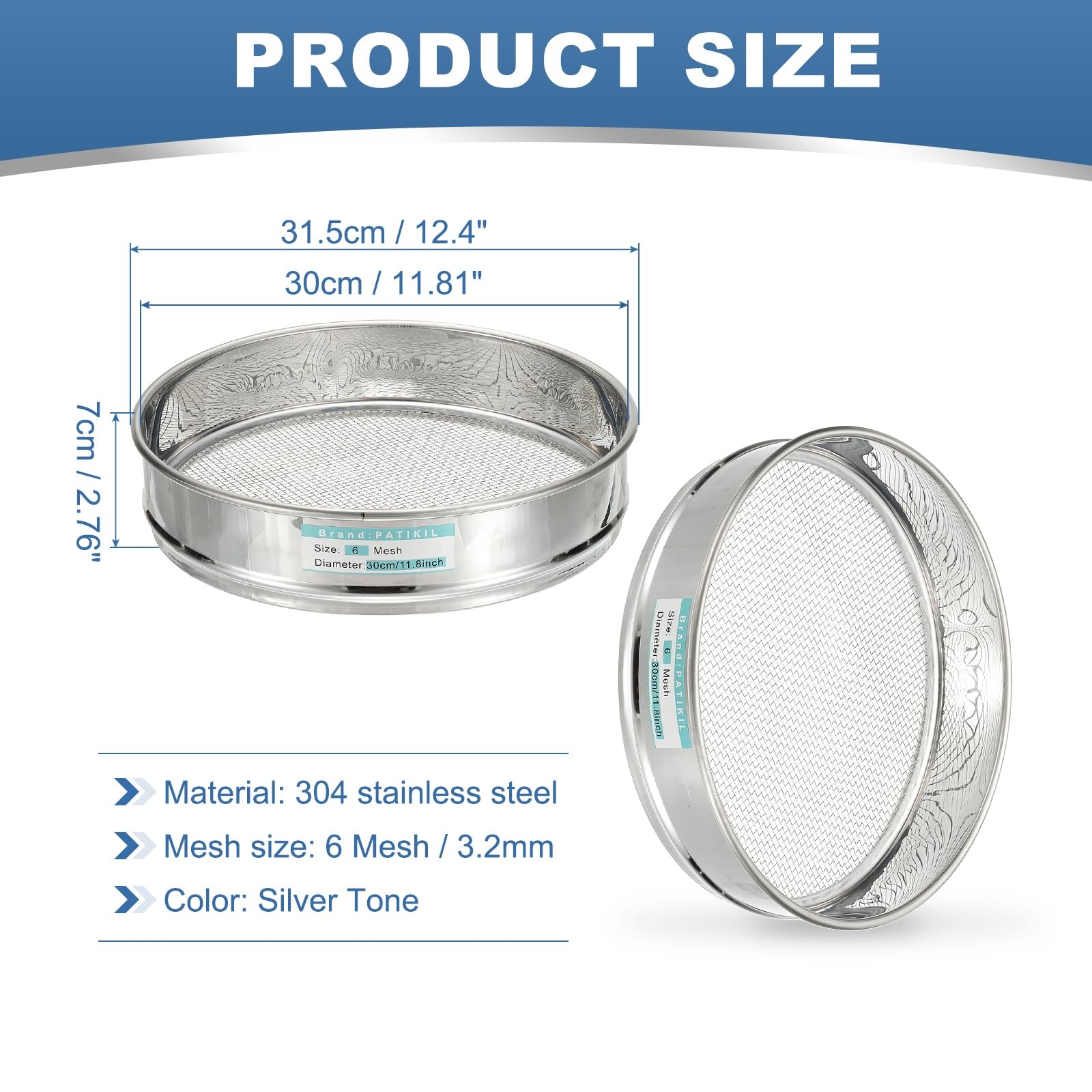 PATIKIL Tamiz De Laboratorio De 6 Mallas (3.2mm), Diámetro De 11.8" (30cm) Malla Fina De Acero Inoxidable 304 Para Cernidor De Suelo Industrial De Laboratorio Y Hogar