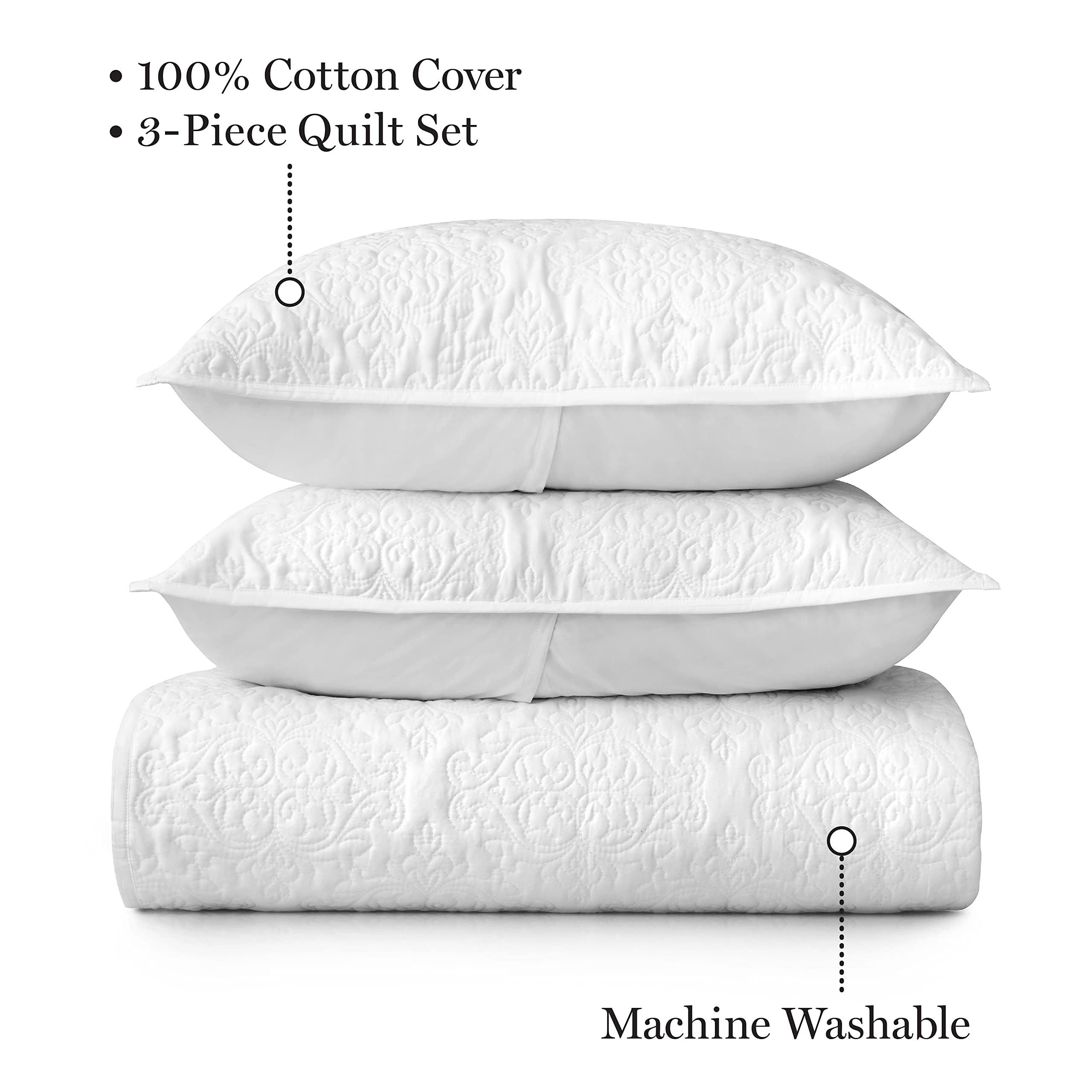 MARTHA STEWART Tessa Solid White Queen Quilt Set 3 Piece, 100 Cotton Bedspread, Smooth, Silky