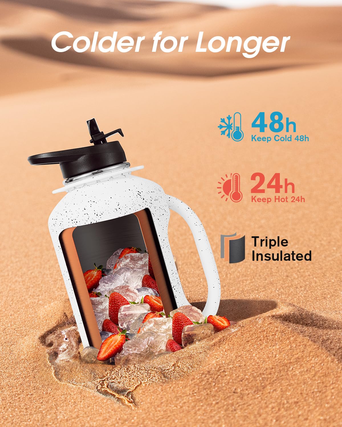 Coolflask Botella de agua de medio galón con popote, jarra de agua aislada de acero inoxidable de 64 onzas con asa de metal de doble pared al vacío termo grande con correa a prueba de fugas, mantiene