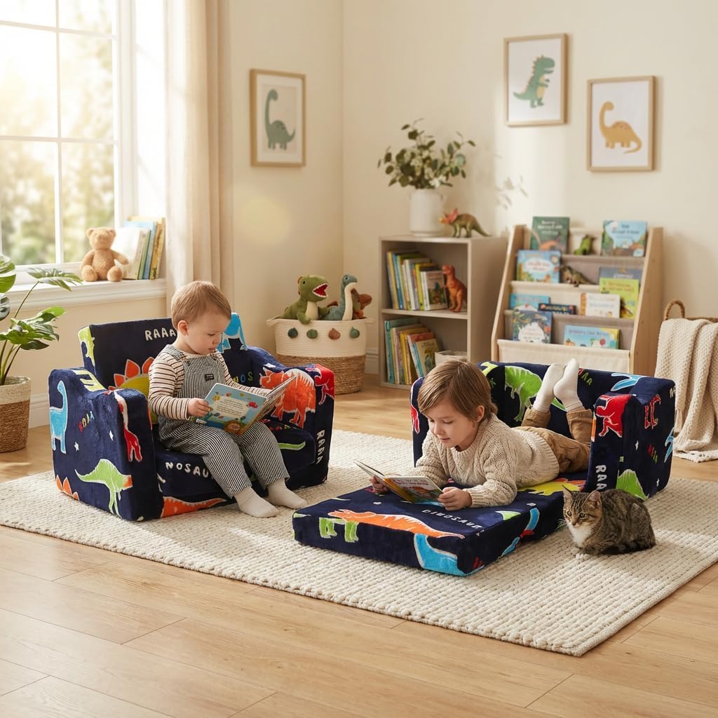 Kids Couch Toddler Sofa Dinosaur Glow in the Dark 2-in-1 Foldable Toddler Couch Bed Flip Open Kids Sofa Chair for Boys Girls Gift
