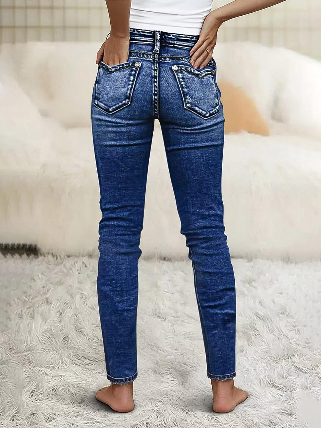Flamingals Mid Waist Skinny Jeans for Women Button Decor V Cut Butt Lifting Denim Jeans with Pockets