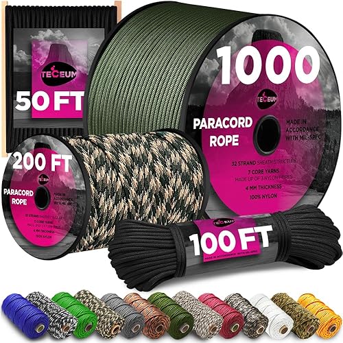 TECEUM Cuerda de paracaídas tipo IV 750 libras 100% nailon MIL-SPEC  50 pies 100 pies 200 pies y 1000 pies en más de 20 colores  Cuerda táctica de