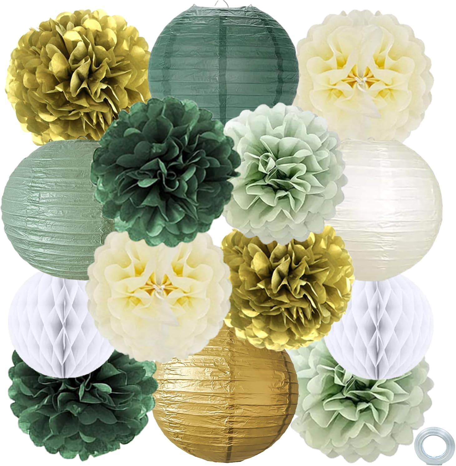 14Pcs Sage Green Gold Ivory Party Decorations, Paper Lanterns Tissue Paper Pom Poms Honeycomb Balls, Boho Neutral Hanging Decor for Baby Shower, Wedding, Birthday, Graduation Party Supplies