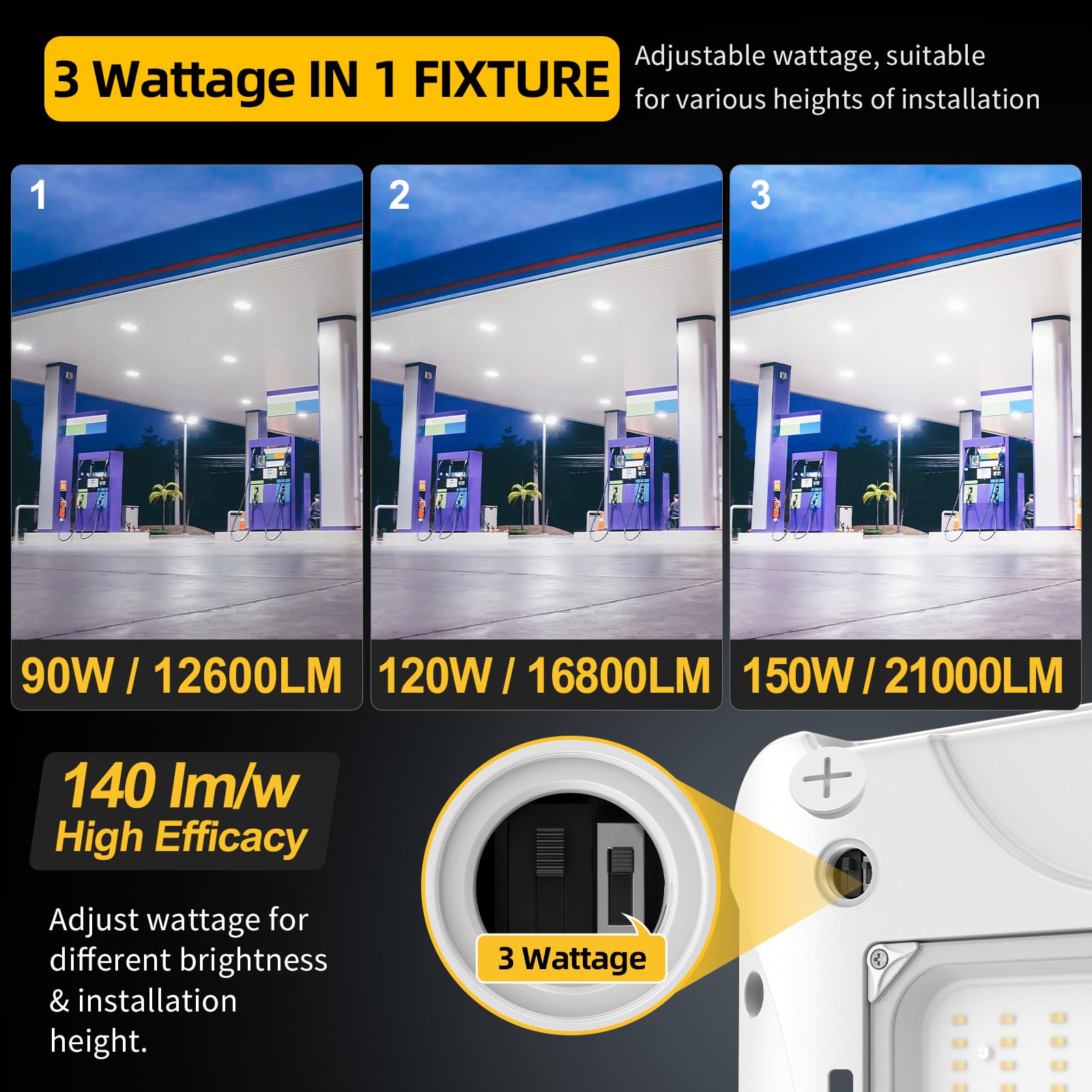 12 Pack LED Canopy Lights 150W 120W 90W Adjustable 5700K 5000K 4500K Adjustable ETL DLC Listed Square Canopy — view 4