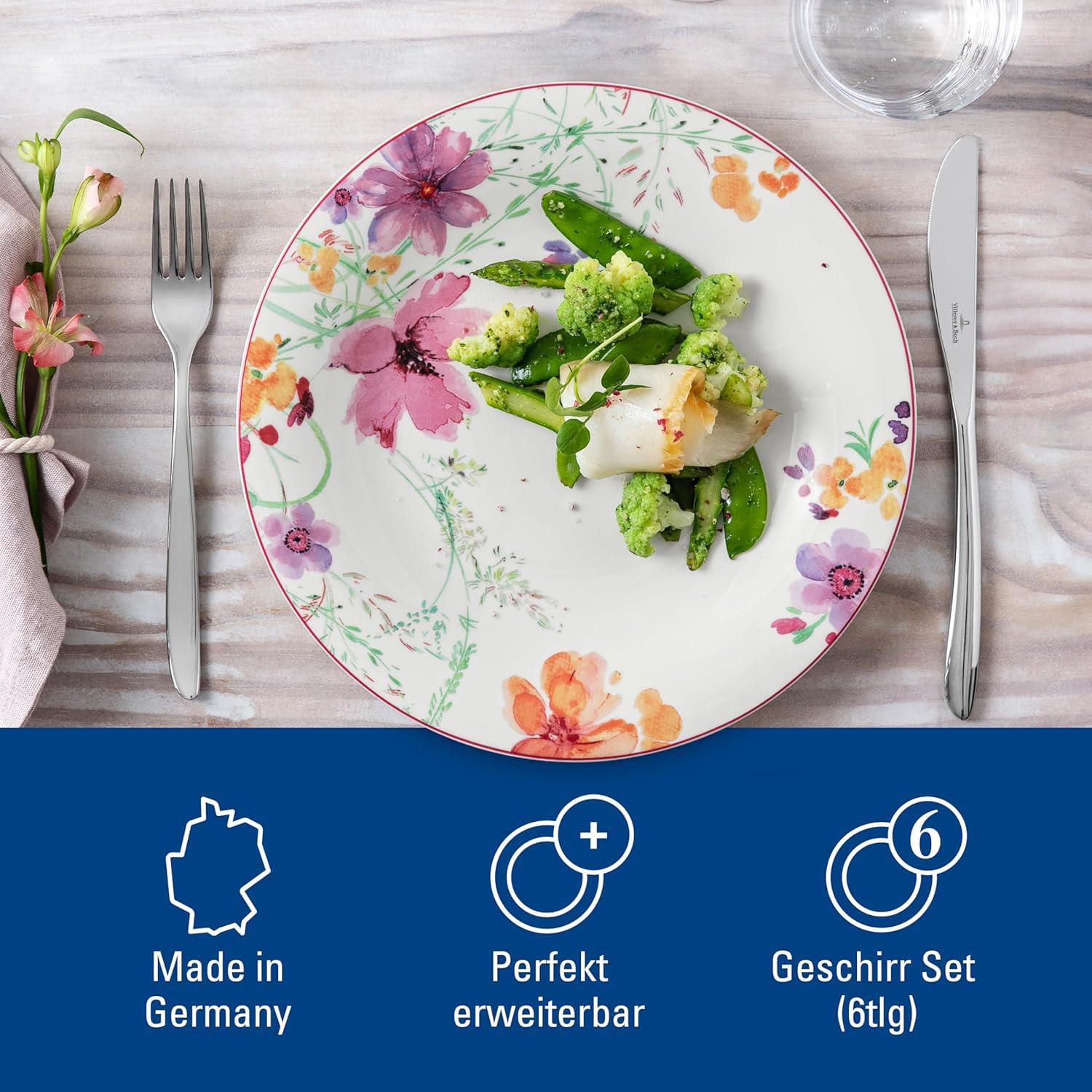 Villeroy & Boch - Mariefleur Basic Frühstücks-Set, 6 tlg., Service mit Landhausflair, Premium Porzellan, spülmaschinen-, mikrowellengeeignet, weiß/bunt