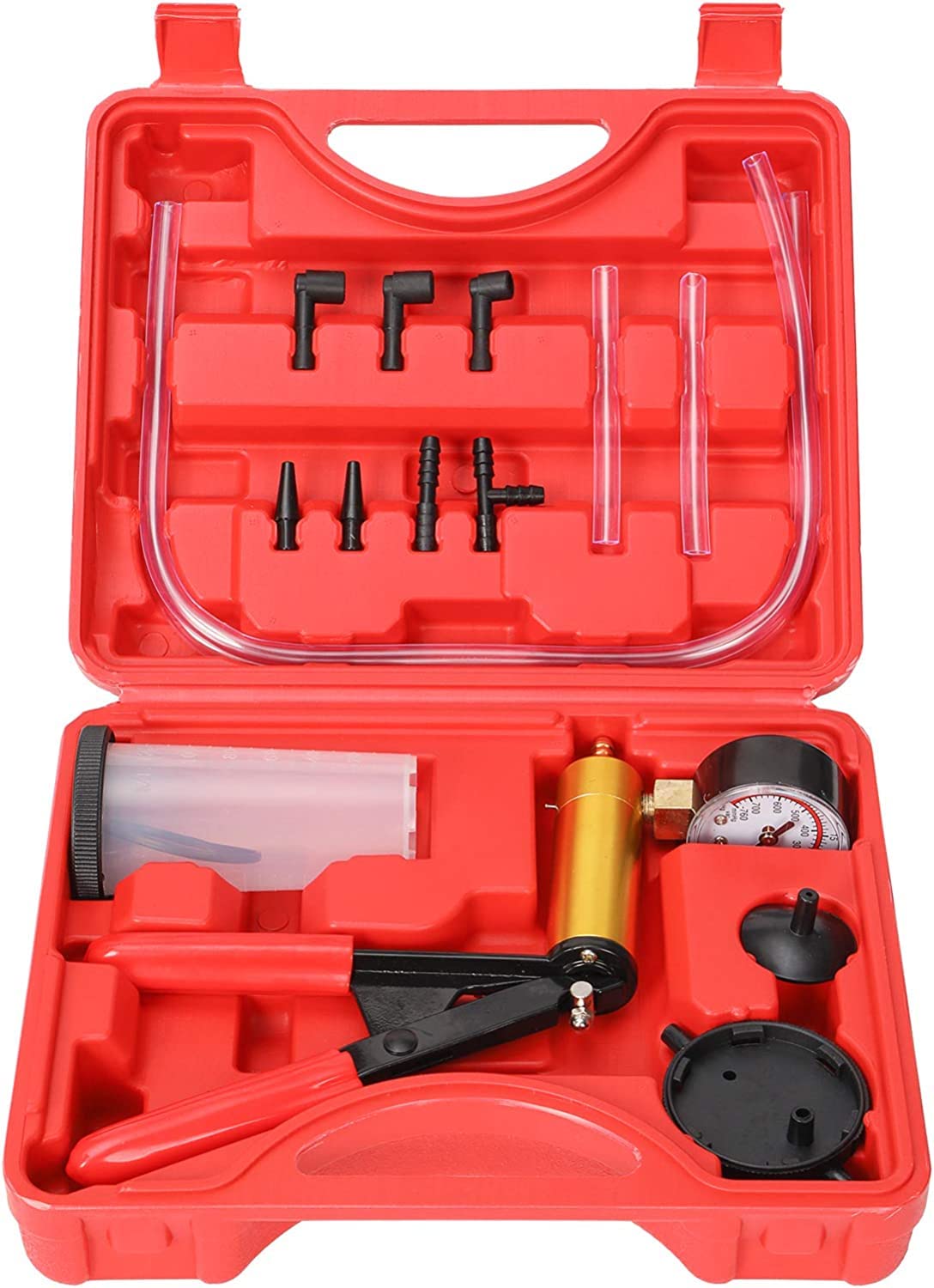2 in 1 Handheld Vacuum Pump Brake Bleeder Kit for Motorcycle 16 pcs Brake System Bleeding Tools with Gauge Adapters Automotive Brake Fluid Bleeding Set for Bike Car Truck (16pc2Red)