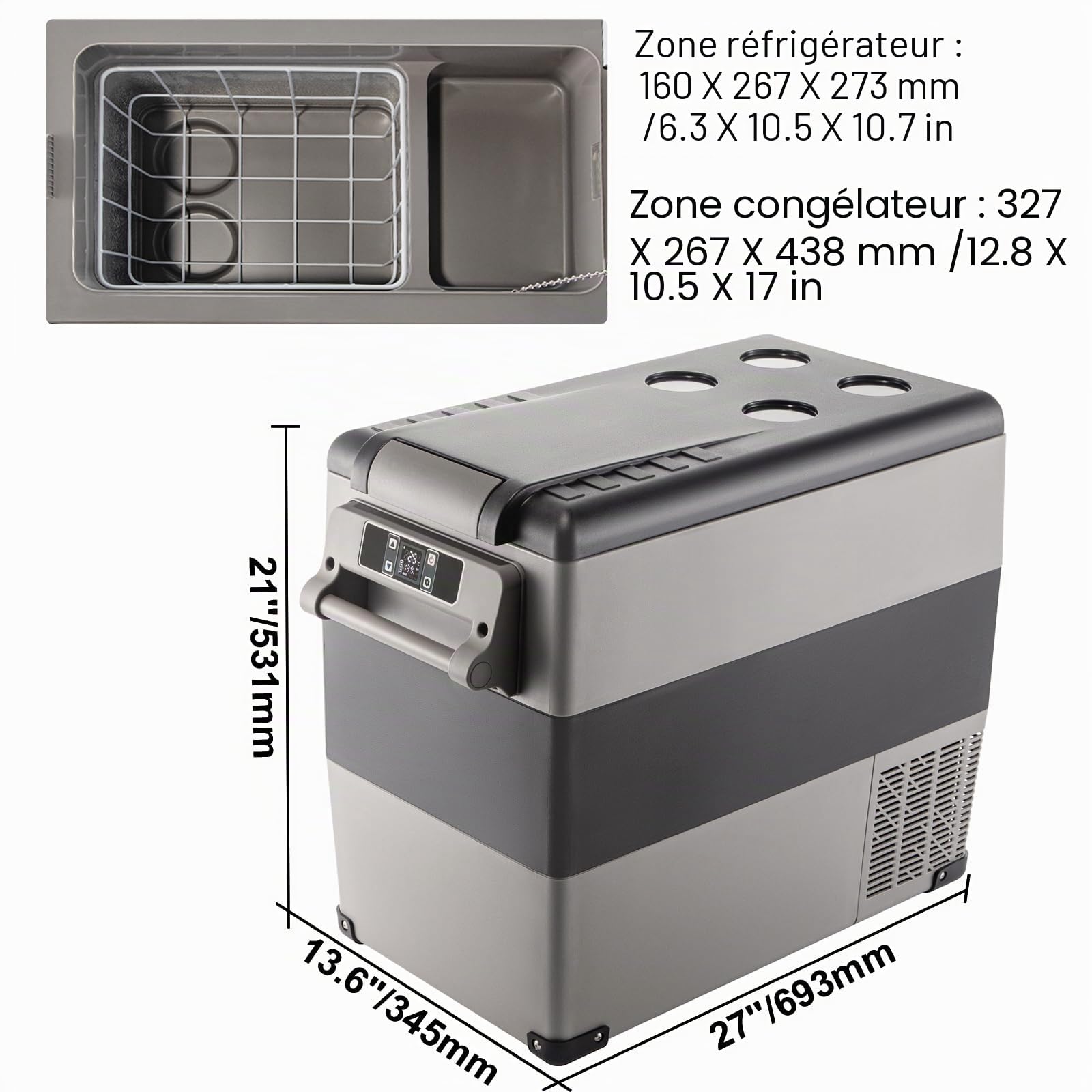 VEVOR Glacière Électrique Voiture, 55 L, Réfrigérateur Portable à Compression, Mini Frigo, 69x34,5x53,1 cm, Mini Congélateur avec Panneau Numérique -20 à 20 ℃ pour Maison/Voiture/Camping