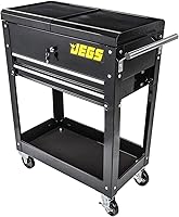 JEGS Heavy-Duty Rolling Tool Box Cart: 220 lb Capacity, Sliding Workbench Top, 2 Locking Drawers, 4" Casters - Black