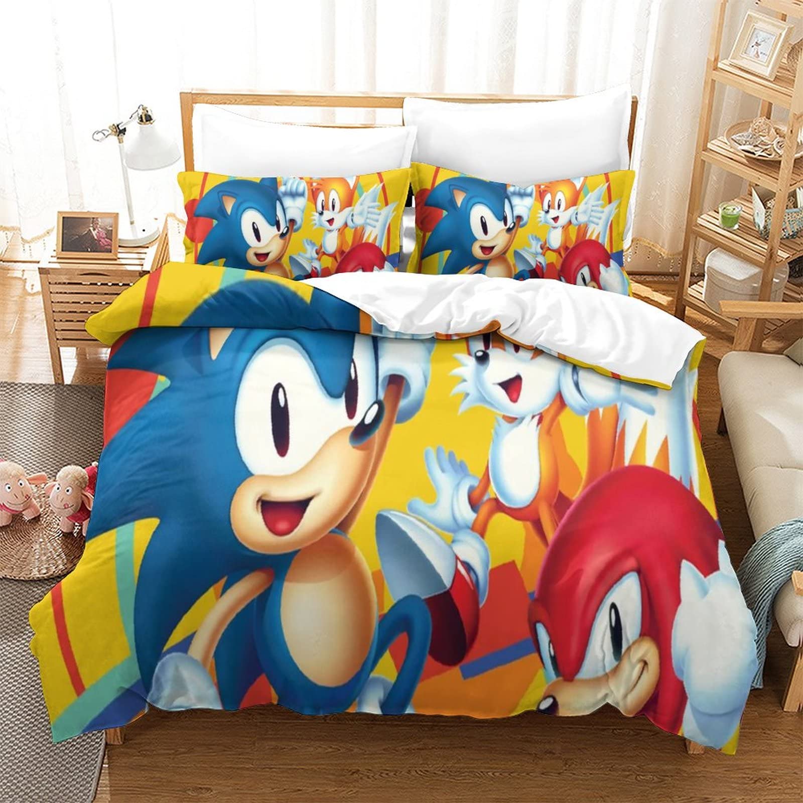 LIFUQING （Sonic Vs Mario）3 Piece Quilt Sets Bedding Sets Microfiber Soft Silky Zipper Closure Anti Allergic Soft Quilt Cover with 1 Pillowcases, for Single Bed (135cm x 200cm)