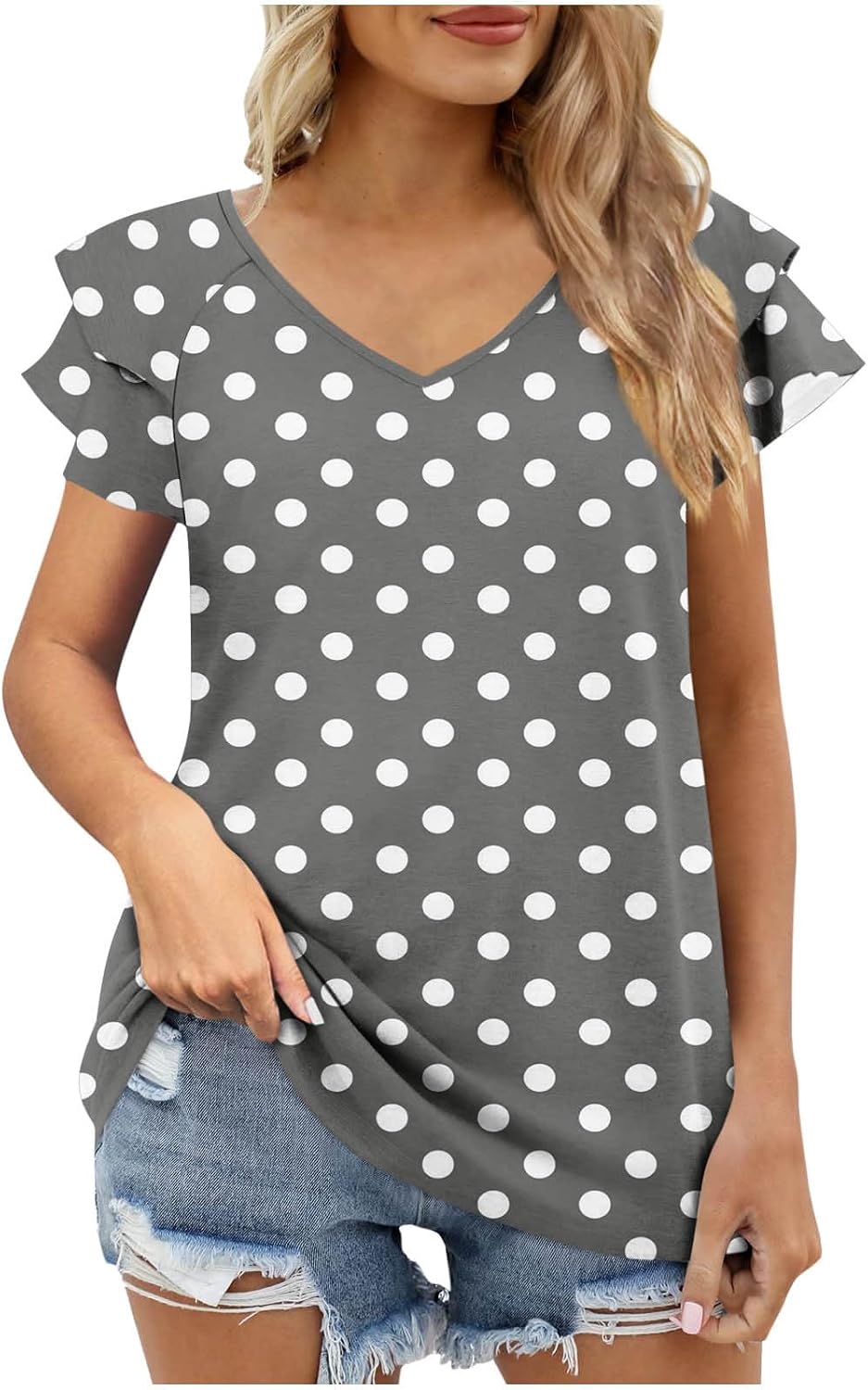 Ruffle Sleeve T Shirts for Women Polka Dots Tunics Tops Casual Dressy Shirt Summer Cute Tees