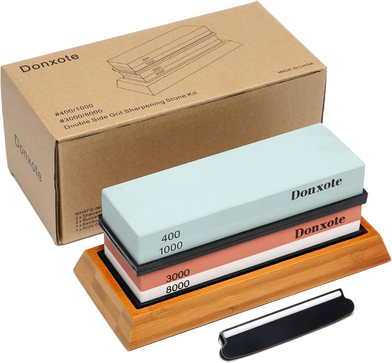 Donxote Knife Sharpening Stone, 400/1000 3000/8000 Double Side Grit Waterstone, Professional Chef Whetstone Sharpener, NonSlip Bamboo Base & Angle Guide Multicolor
