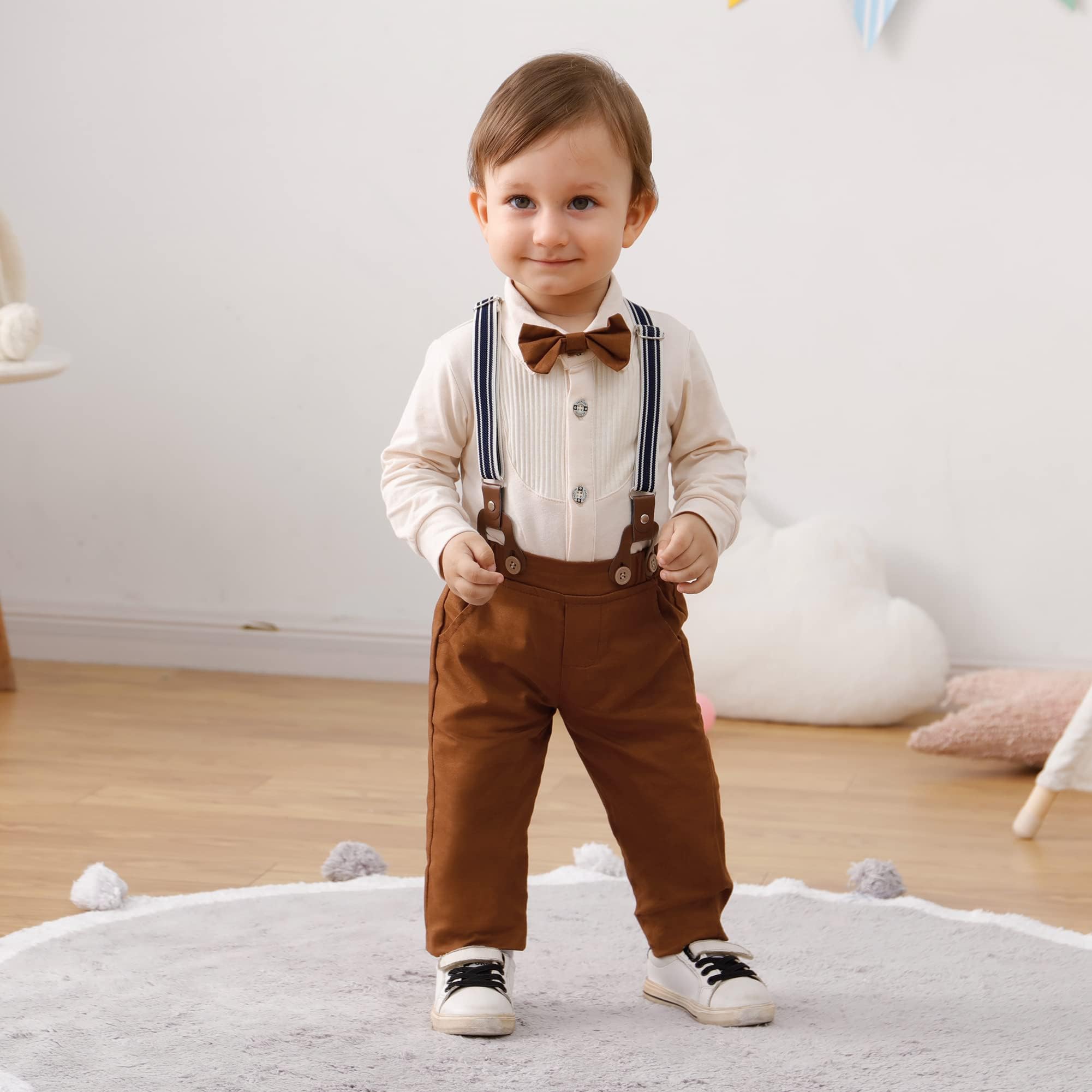 ZOEREA 4tlg Baby Jungen Kleidung Set 0-18M Taufbekleidung Strampler mit Fliege + Hosenträge Baby Bekleidungssets Gentleman Anzug für Festliche Hochzeit