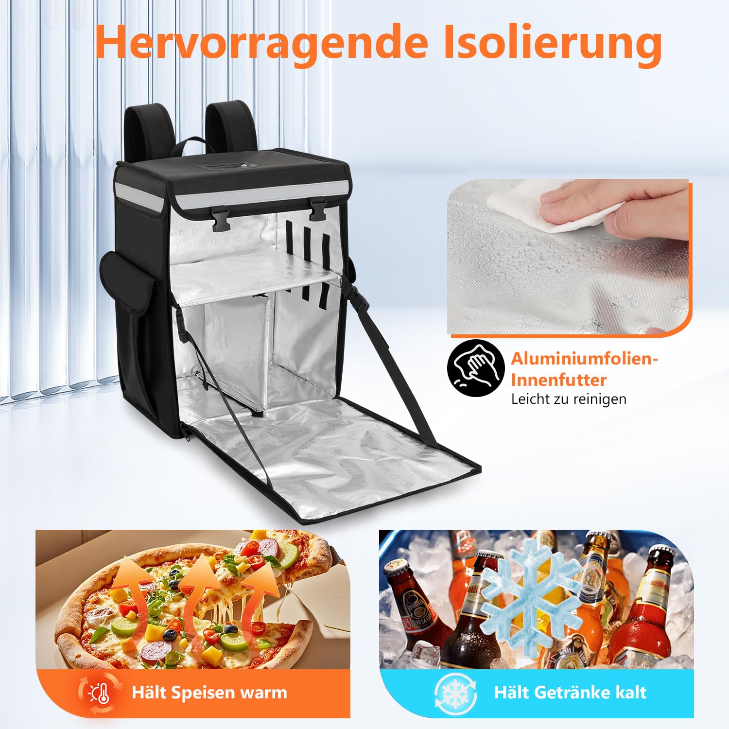 Pizza-Liefertasche, Isolierte Essensliefer-Tasche, isolierter Rucksack mit herausnehmbarer Trennwand, Pizza-Liefertasche mit vollständigem Öffnungsdesign für Fahrrad, Uber Eats, DoorDash & Grubhub
