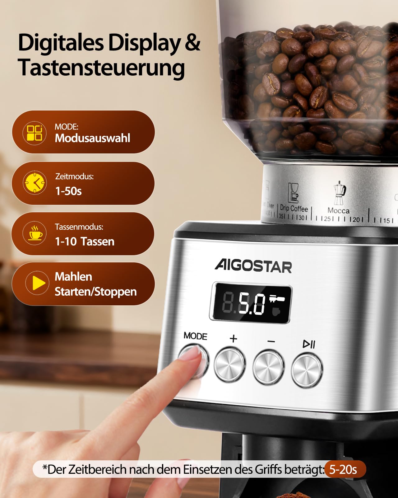 Aigostar Elektrisch Kaffeemühle mit 52 Mahleinstellungen, Kegelmahlwerk Geeignet für Espresso, Professionelle Elektrische Kaffeemühle mit Präzisem Digital Display, Edelstahl Coffee Grinder, Silber