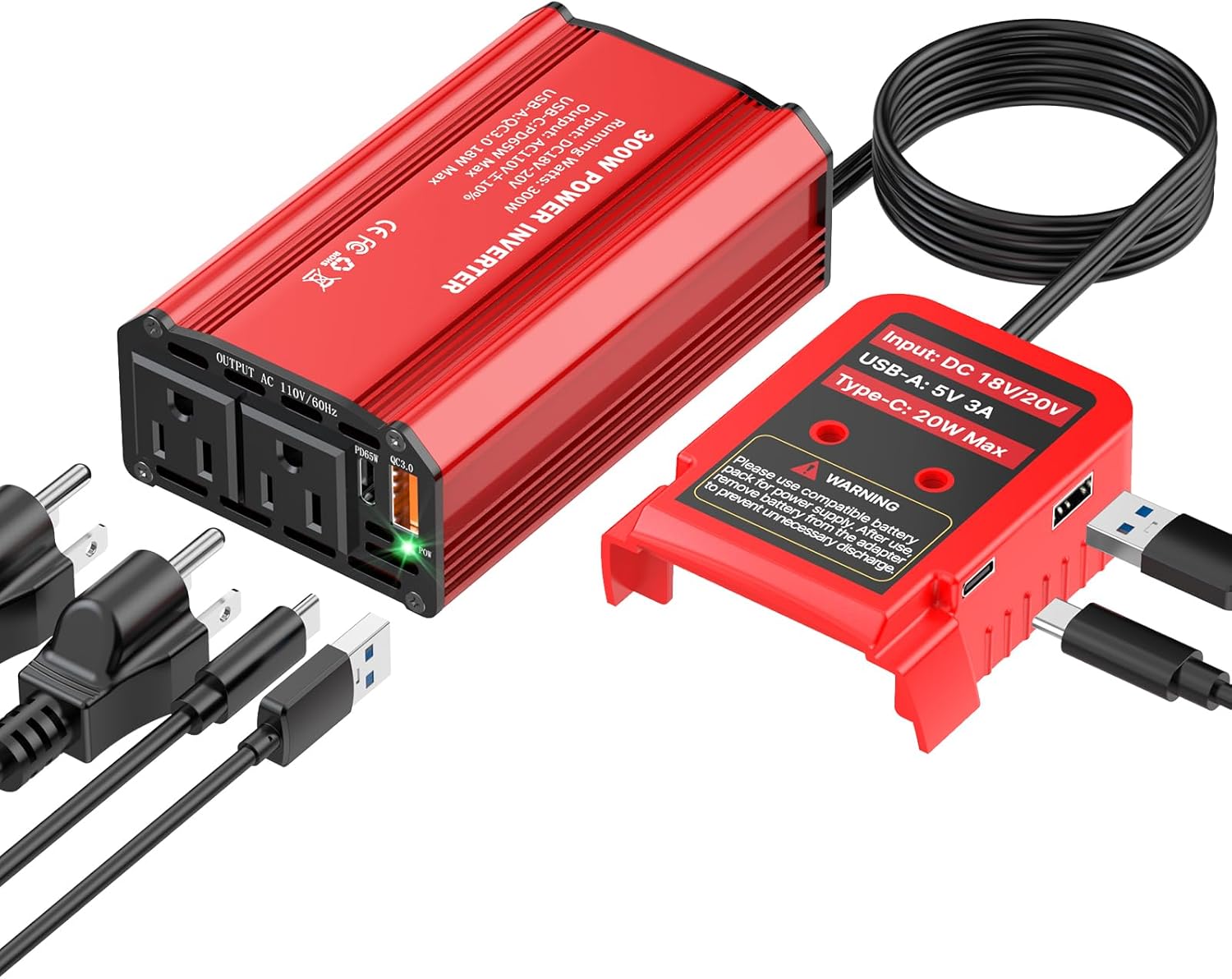 300W Power Inverter Compatible with Milwaukee M18 Battery, DC 18V to AC 110V Battery Converter with 2 AC Outlets & 1 Type-C PD 65W & 1 Type-C PD 20W & 2 USB A 18W Max (Battery Not Included)