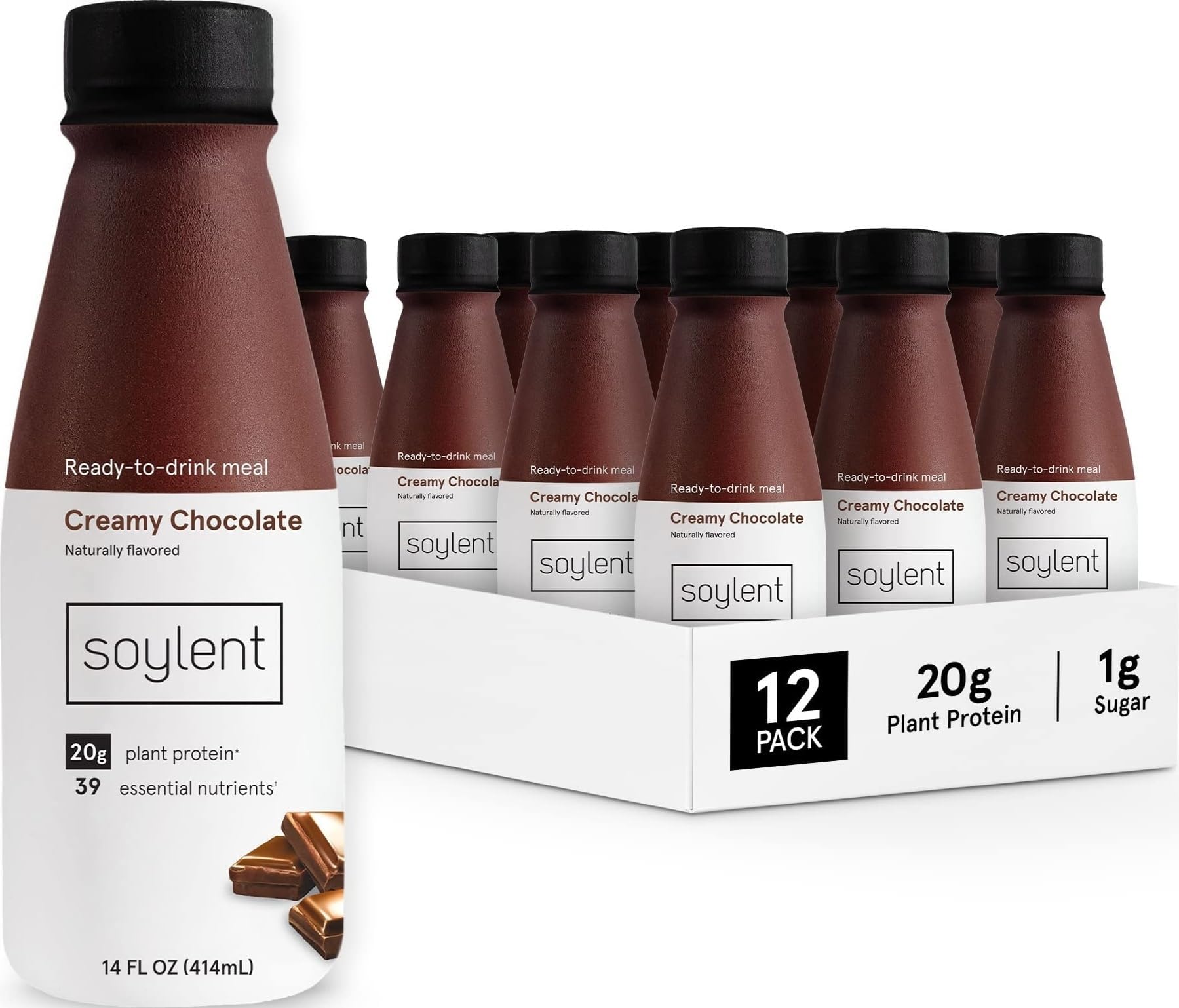 Creamy Chocolate Meal Replacement Shake, Ready-to-Drink Plant Based Protein Drink, Contains 20g Complete Vegan Protein and 1g Sugar, 14oz, 12 Pack