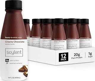 Soylent Creamy Chocolate Meal Replacement Shake, Ready-to-Drink Plant Based Protein Drink, Contains 20g Complete Vegan Protein and 1g Sugar, 14oz, 12 Pack