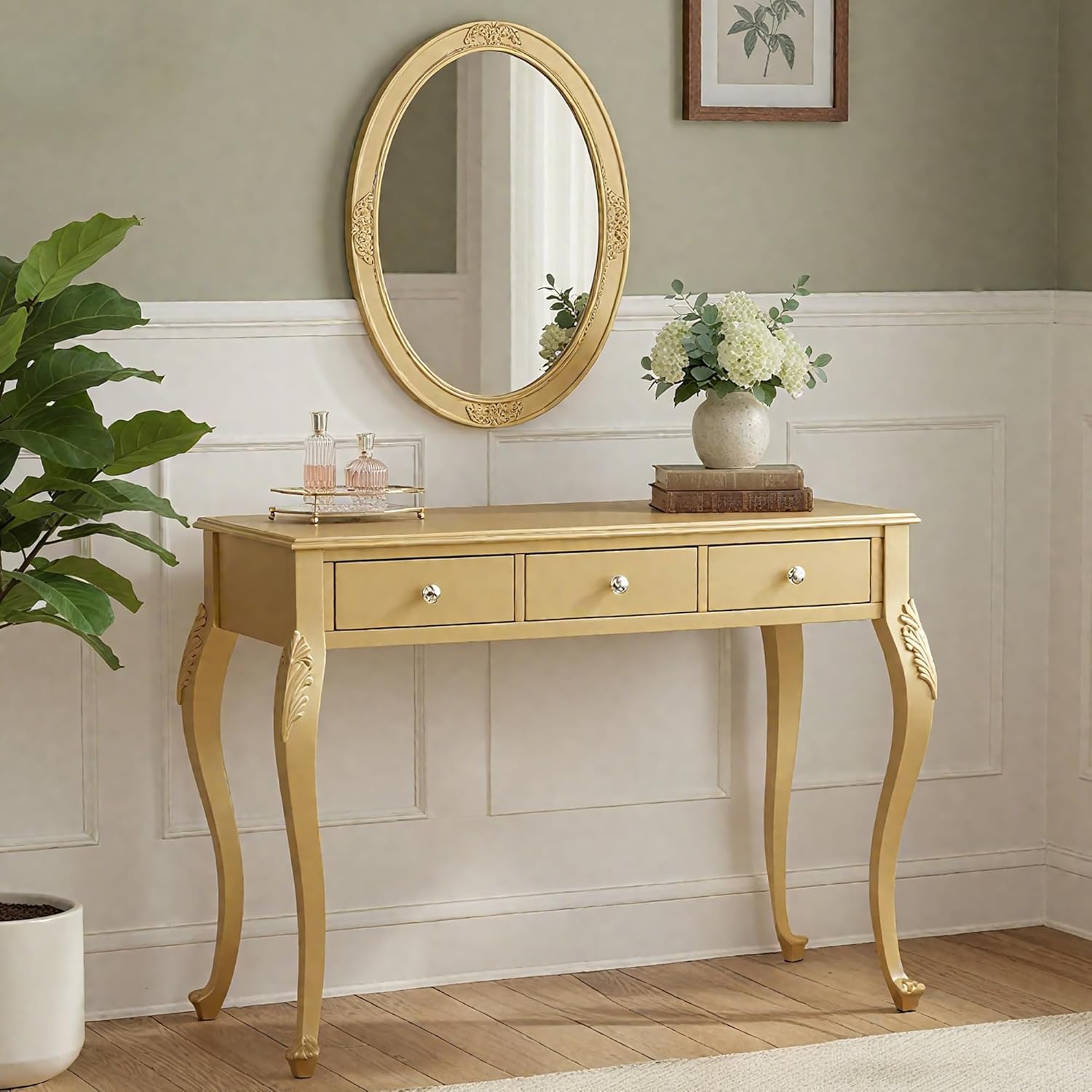 Merax Luxury Makeup Vanity Desk with Wall-Mounted Oval Mirror, Console Table with 3-Drawer for Storage, Elegant Beauty Station Bedroom Dressing Room Salon Station, Gold