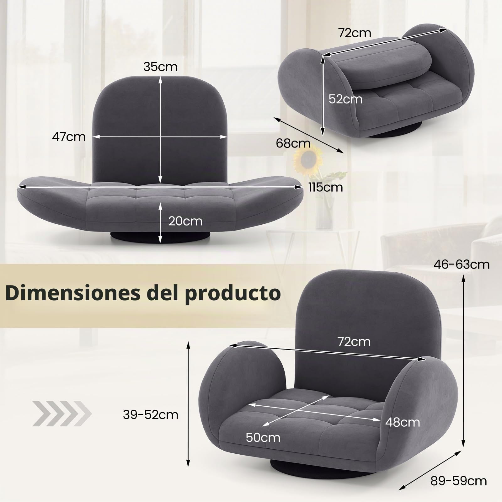 RELAX4LIFE Silla de Suelo Plegable, Silla de Suelo con Respaldo y Reposabrazos Ajustables, Sofá Plegable de Tela de Gamuza, Carga 150kg, Silla Plegable para Salón, Estudio (Sin Base Giratoria)
