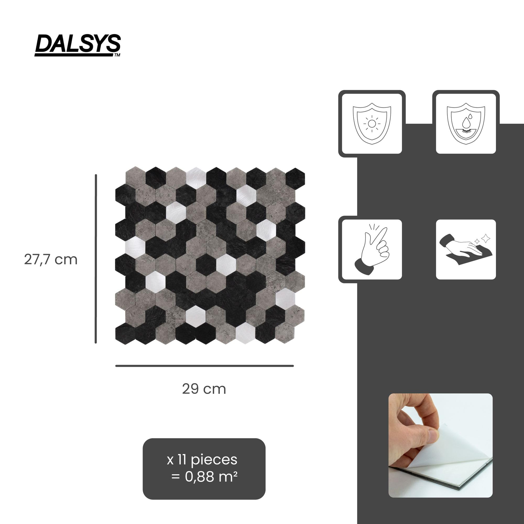 Paneles de pared autoadhesivos con patrón hexagonal, 0,88m², 11 piezas, paneles de pared negros, grises y plateados, resistentes a la humedad,para baño y cocina