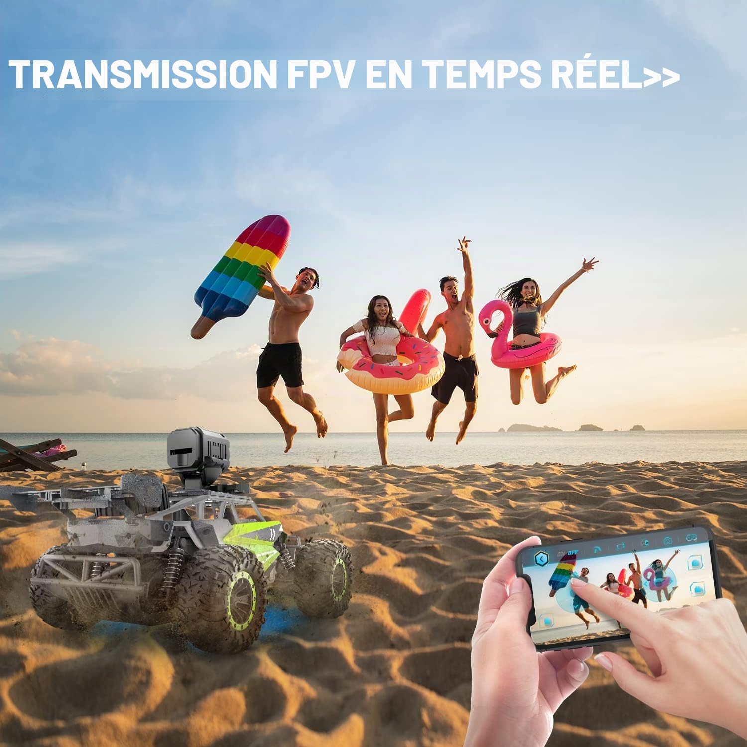 DEERC Voiture télécommandée avec caméra HD 1080P, Voitures RC à l'échelle 1:16 avec éclairage châssis et phares à LED, véhicule Jouet Monster Truck Haute Vitesse 2,4 GHz, Cadeau pour Enfants garçons