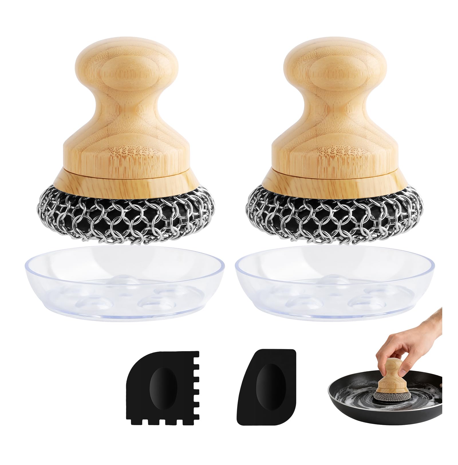 Scrubber for Cast Iron Pan, Pot Cleaner with 2 Scrapers,Chain Mail Cleaning Brush for Dishes, Pots, Pans, Griddles, Grills(Large Chain Mail,2pcs)